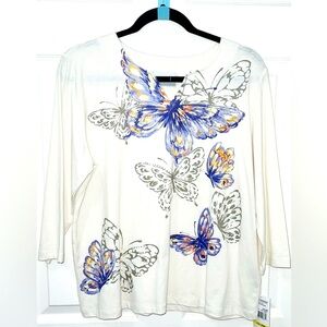 New Alfred Dunner Women's White Butterfly Top Size Medium Petite